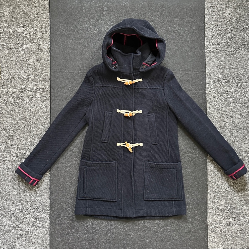Topshop Hooded Wool Coat Women Size 2 XS Dark Blue Toggle Coat